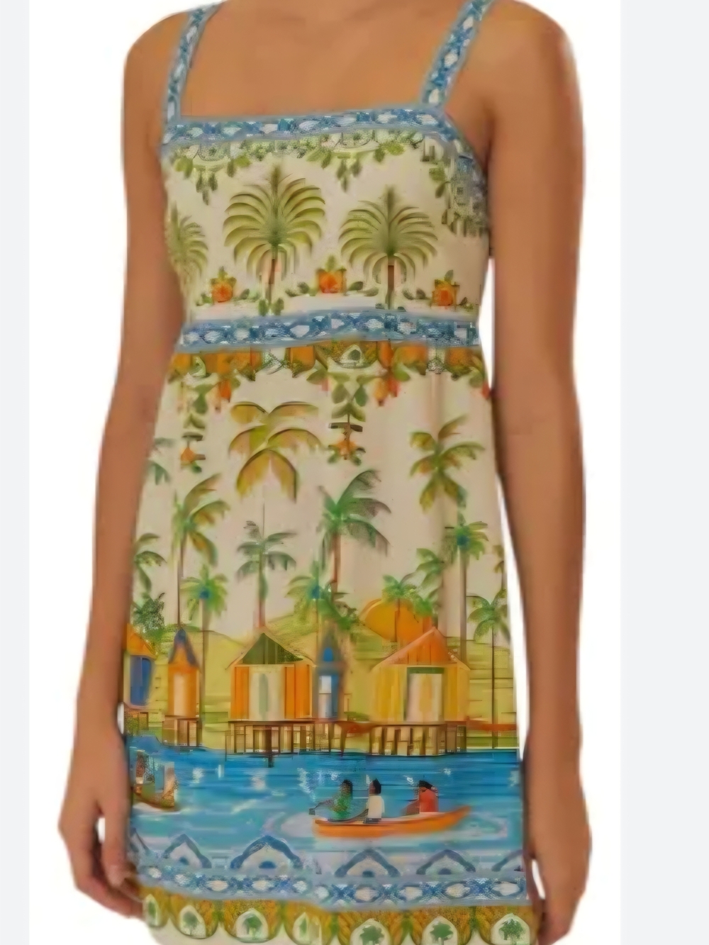 FARM Rio Cream Tropical Palm & Beach Hut Print Sundress with Blue Trim